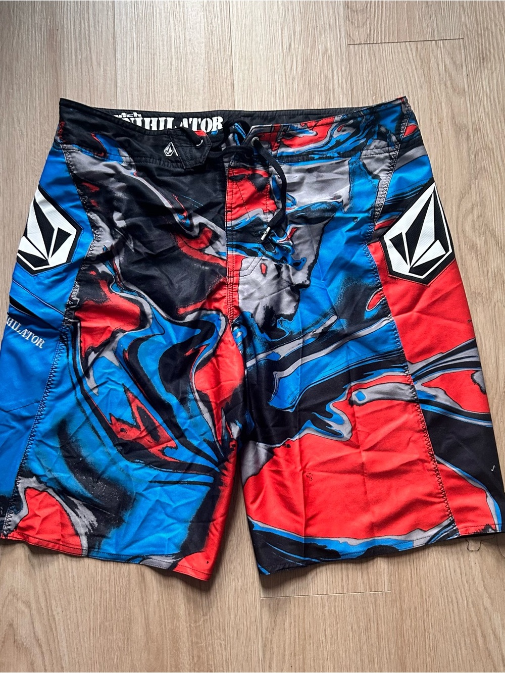 Volcom Men’s Red, Blue & Black Swirl Boardshorts